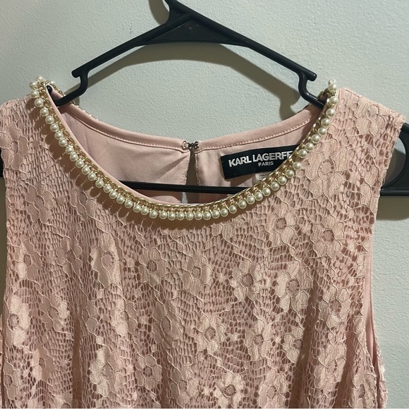 Karl Lagerfeld Paris Blush Pink sleeveless lace dress 10 pearl collar DEFECT - Picture 3 of 12